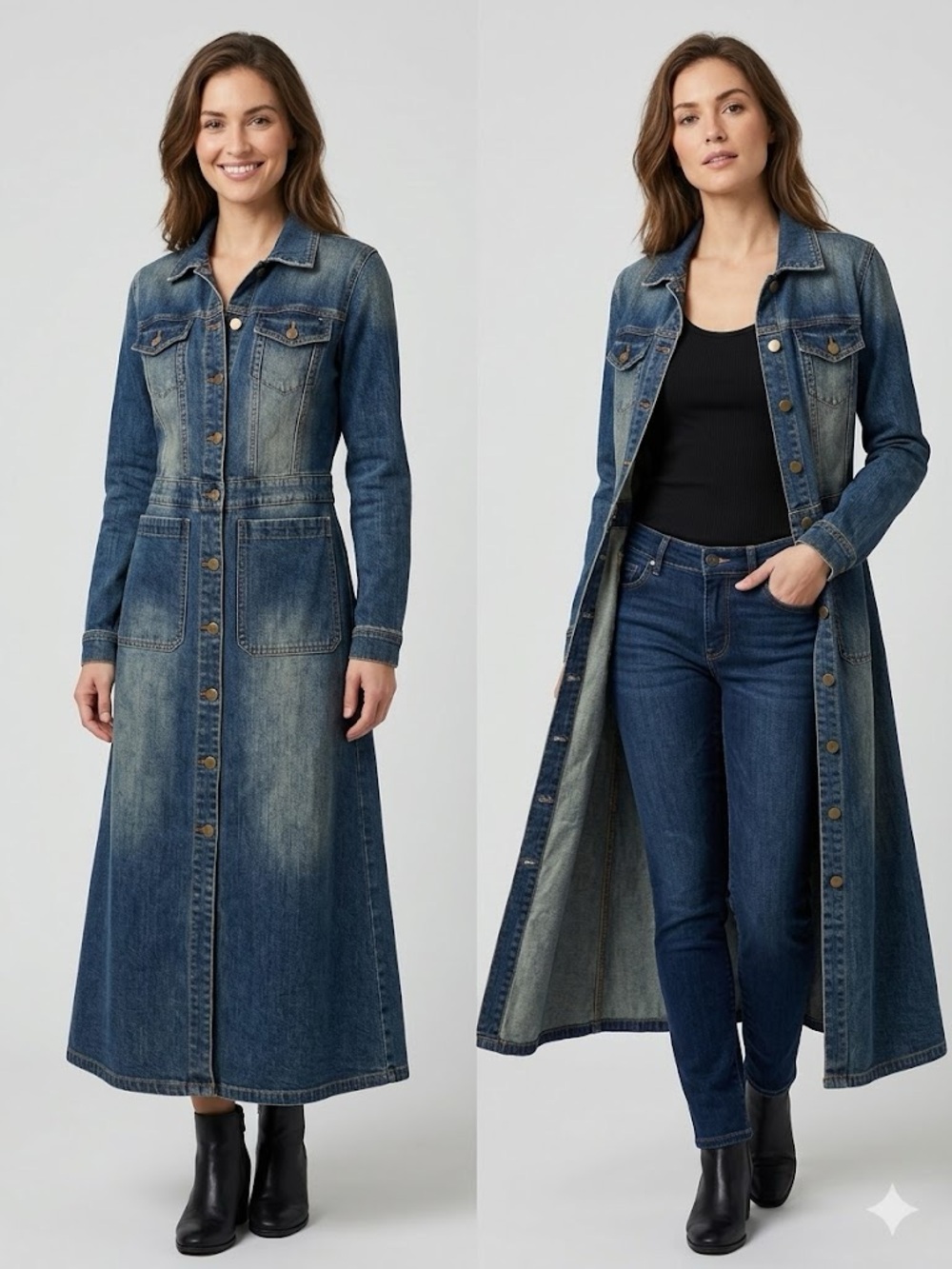 Arden B Long Acid Washed Denim Maxi Dress and Maxi Length Jacket